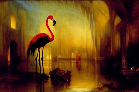 a painting of a vampire flamingo, in a sunken cathedral at dusk, painted by J. M. W. Turner -s100 -b1 -W768 -H512 -C11.0 -mk_euler_a -S3025006219